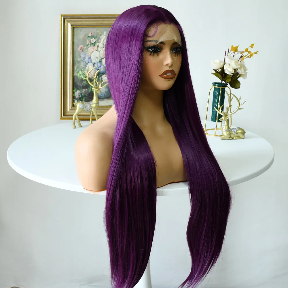 الاصطناعية الدانتيل شعر مستعار أمامي طويل مستقيم الأرجواني الداكن الدانتيل الجبهة شعر مستعار اصطناعي قبل قطعها شعري طبيعي غلويليس مقاومة للحرارة