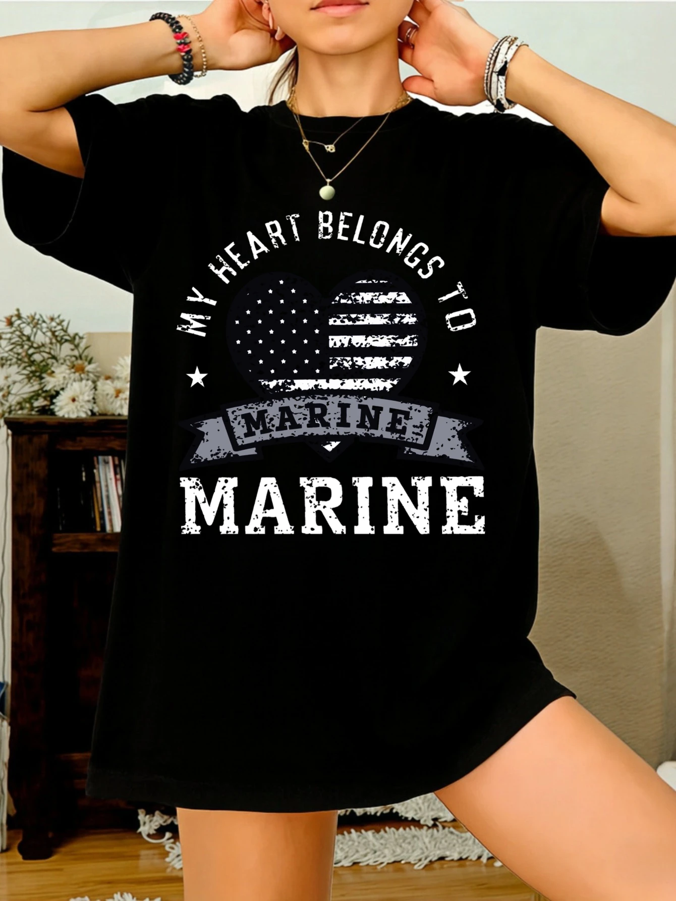 

Womens Vintage Graphic T Shirt My Heart Belongs to Marine Cotton Casual Summer Short Sleeve Gift for Her