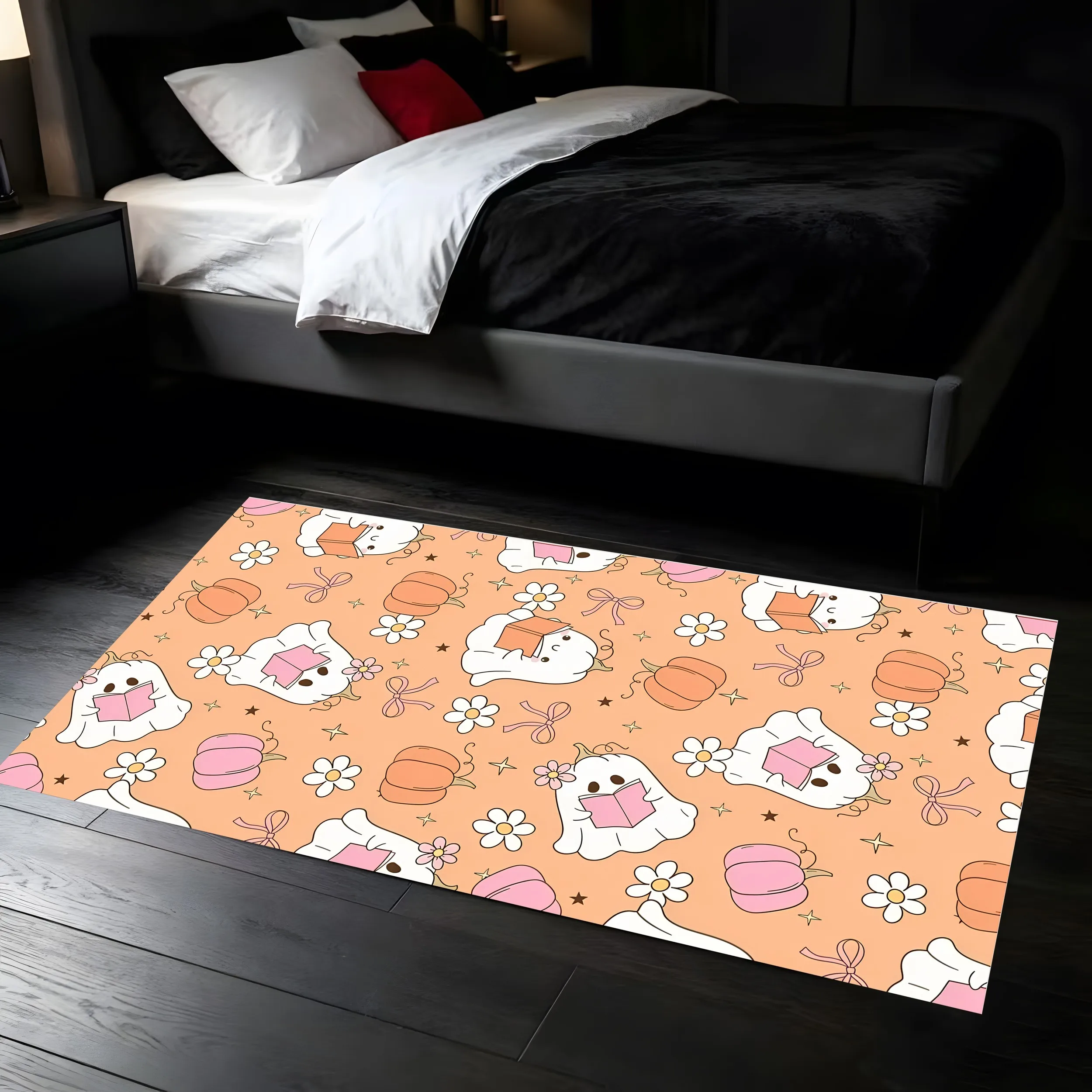 2D Large Carpet Reading Ghost Pumpkin Print Sweet Cartoon Style Soft Cute Bright Adorable Halloween Atmosphere