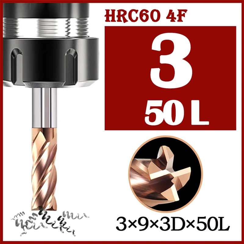 CNC End Mill Alloy Coating, Ferramenta de corte de aço de tungstênio, 4 Flauta Fresa, 3mm, 3mm, 3mm, 3mm, HRC60