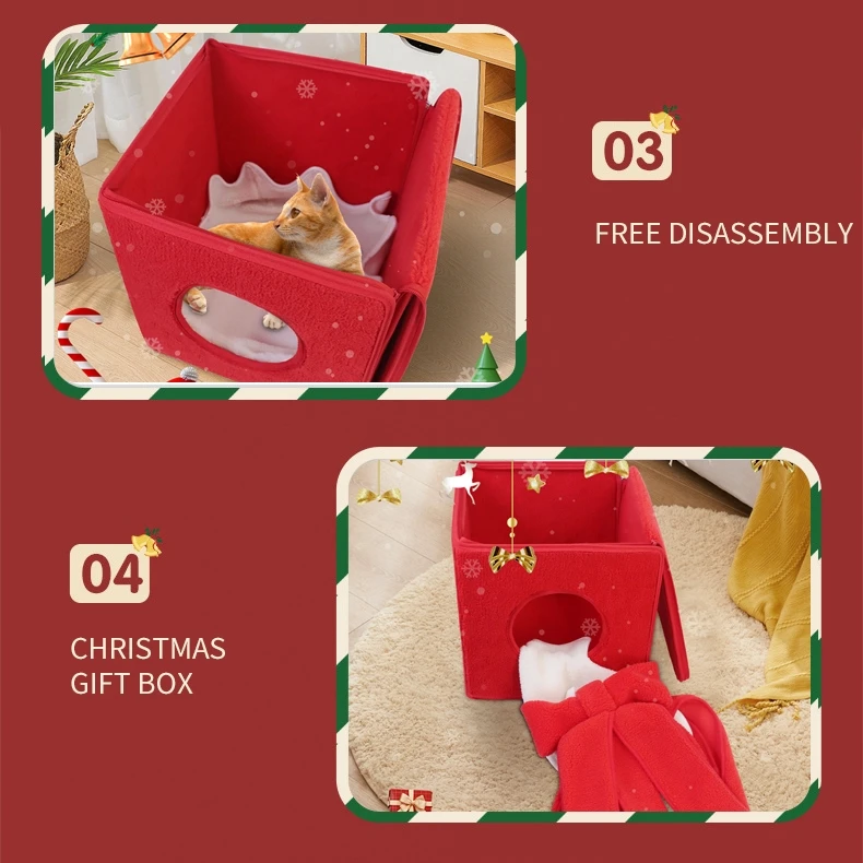 YOKEE Christmas Gift Box Cozy Nest Cat Cave, Dog Kennel, Winter Warm House, Four Seasons, Universal Sweet Kittens Basket Bed