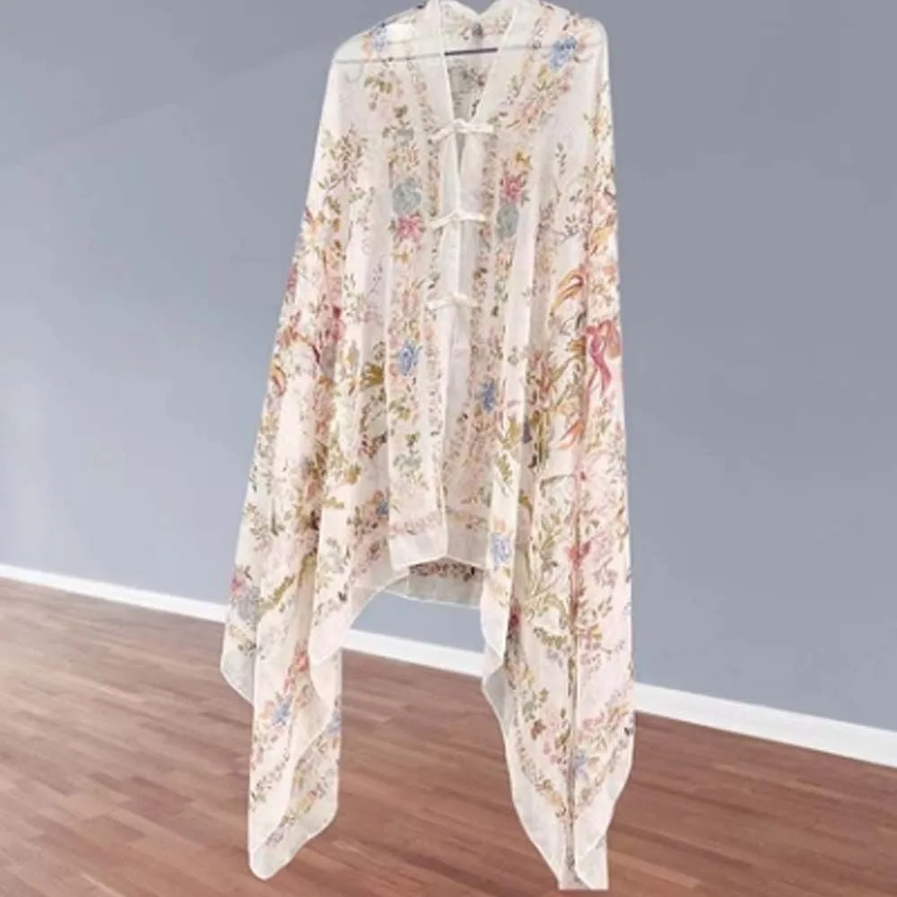 

Sweet Breathable Women Floral Scarf Frog Button Long Thin Large Shawl Sweat-absorption Bird Patterned Sunscreen Headscarf Gift