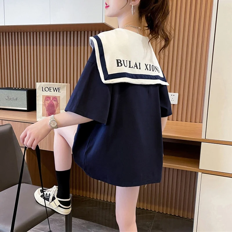 plus Size Women's Cotton ort Sve T-irt Summer 2026 Trendy Doll Collar Top Slimming Belly Covering Korean Sle view 3