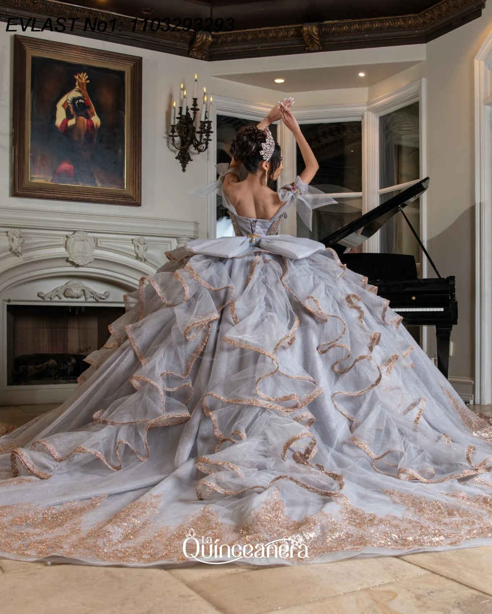 EVLAST Customized Glitter Silver Quinceanera Dress Ball Gown Gold Lace Applique Beaded Tie Party Sweet 16 Dress 15 Años AQ501 view 2