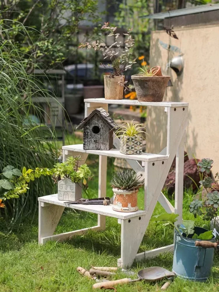 Outdoor Three Tiered Flower Racks Made of Solid Wood Retro and Old Balconies Gardens Potted Plants Shelves Against Walls Stand