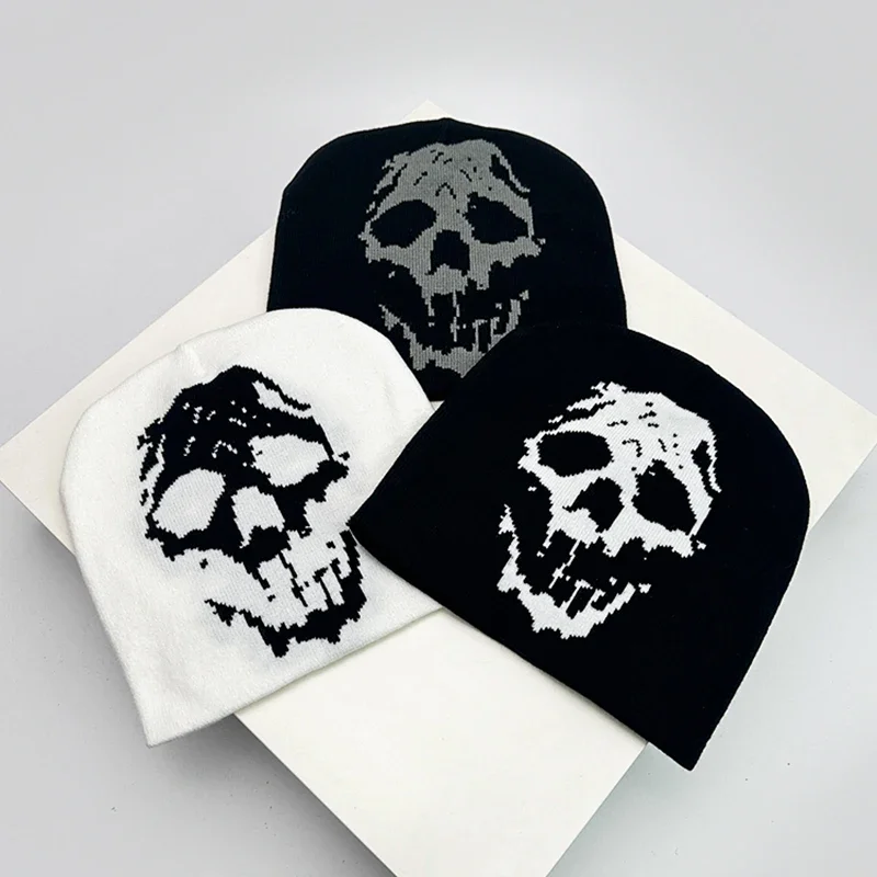 Autumn and Winter Skull Grimace Wool Bucket Knitted Hats Color Block Warm Hip Hop Comfortable Versatile Punk Fashion Street ins
