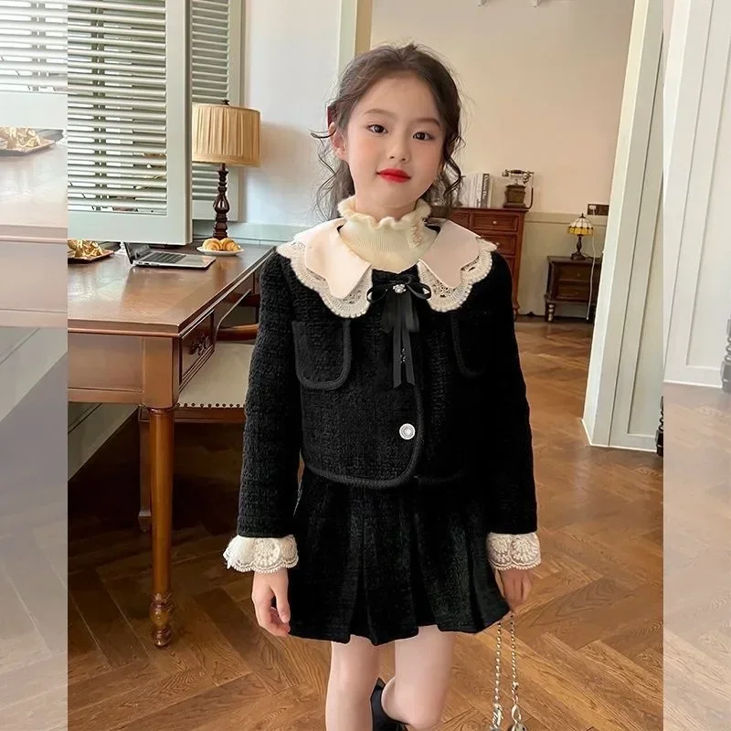 Girls' Small Fragrant Style Suit, New Spring and Autumn Coat, Pleated Skirt, Lace Collar Temperament, Long-sleeved Two-piece Set