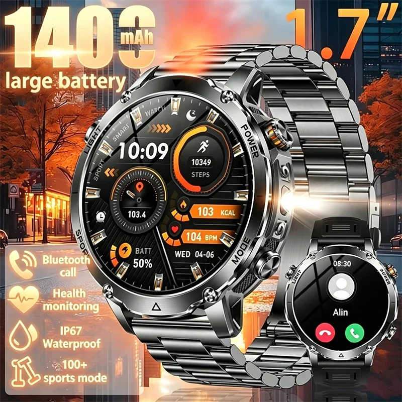 

2026 New 1400mAh Super Large Battery Men Smart Watch Outdoor LED Flashlight 1.7"AMOLED Screen Waterproof Swim BT Call Smartwatch