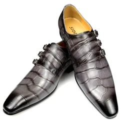 Zapatos de piel auténtica para hombre, mocasines con estampado de cocodrilo, para boda, fiesta, oficina, de alta calidad, de Punta gris