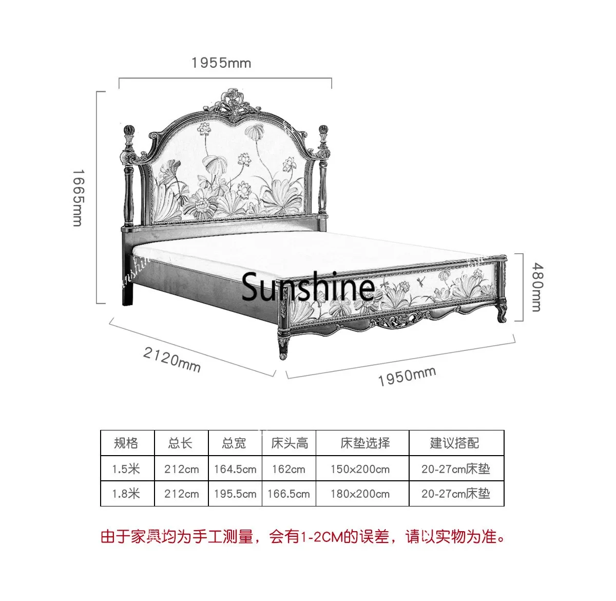 YFrench Chinese style hand-painted lotus solid wood carving bed master bedroom, neoclassical gold high-end