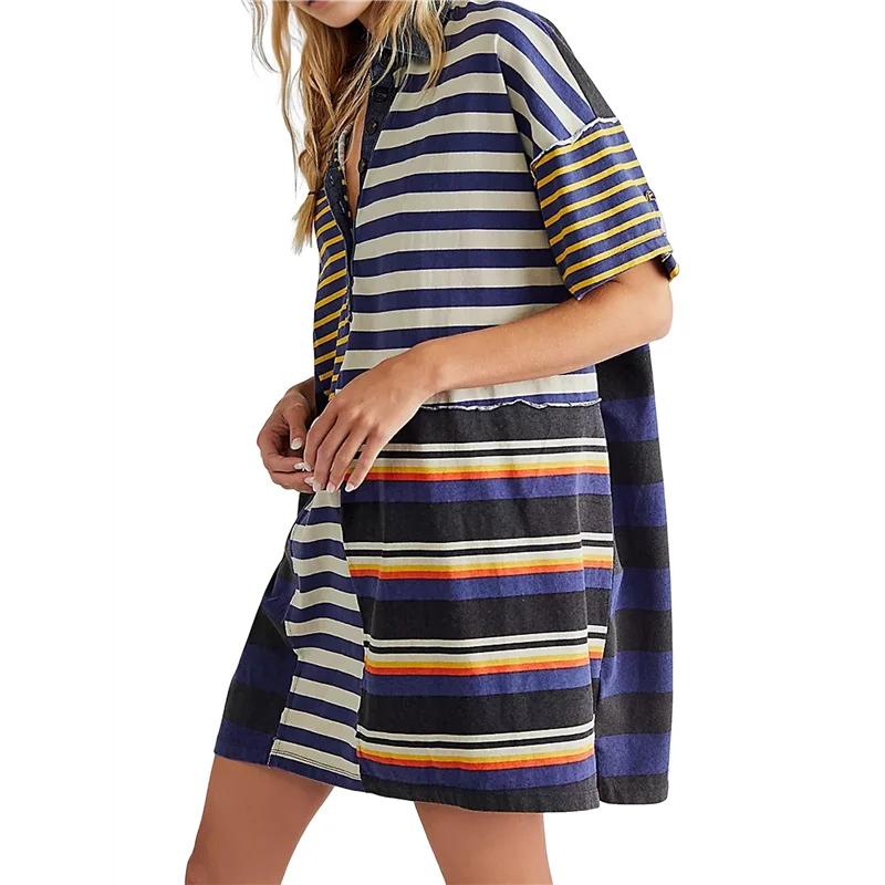 ABP-Women Contrast Striped Babydoll Y2k Summer Patchwork Mini T- Shirt Vintage V Neck Short Sleeve Dress