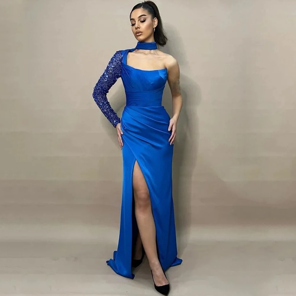 

Chic Blue One Shoulder Evening Dress Classic Pleat Floor Length Side Slit Women Formal Party Customized Gowns with Sequin