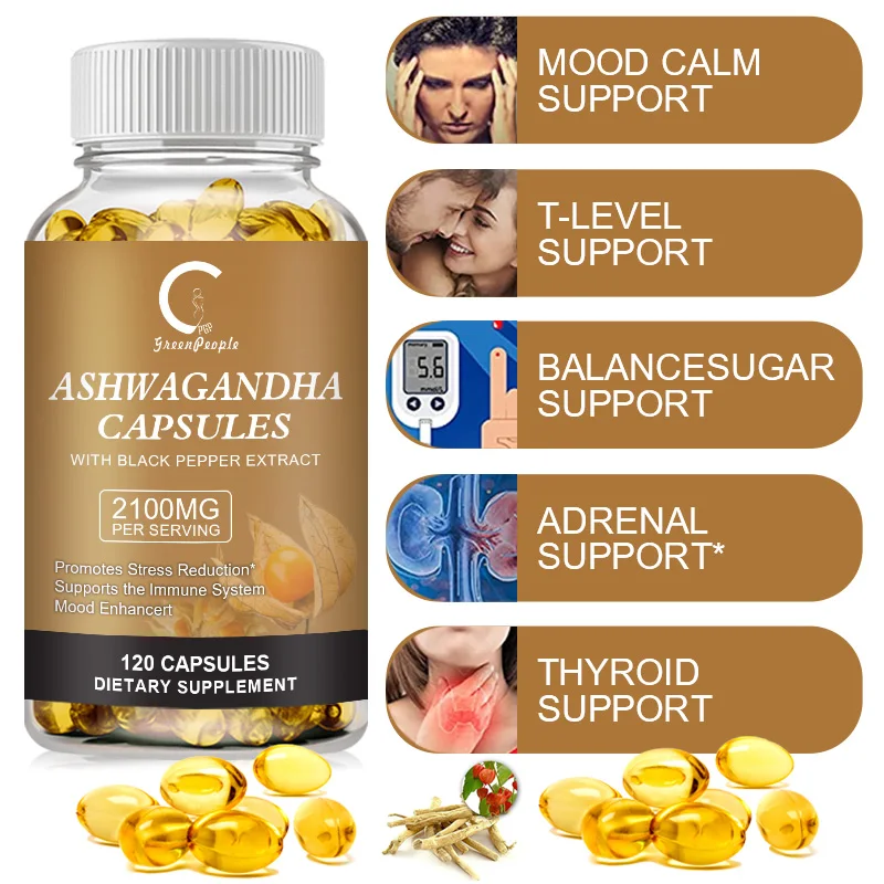 Suplemento GPGP greenpeople KSM-66 Ashwagandha: alivia la fatiga, promueve la producción energética, para la salud cerebral, mejora el sueño