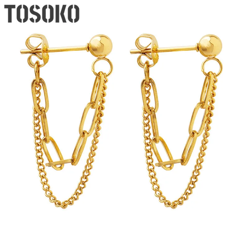 TOSOKO-pendientes de cadena de doble capa con borlas de acero inoxidable para mujer, joyería de moda F317