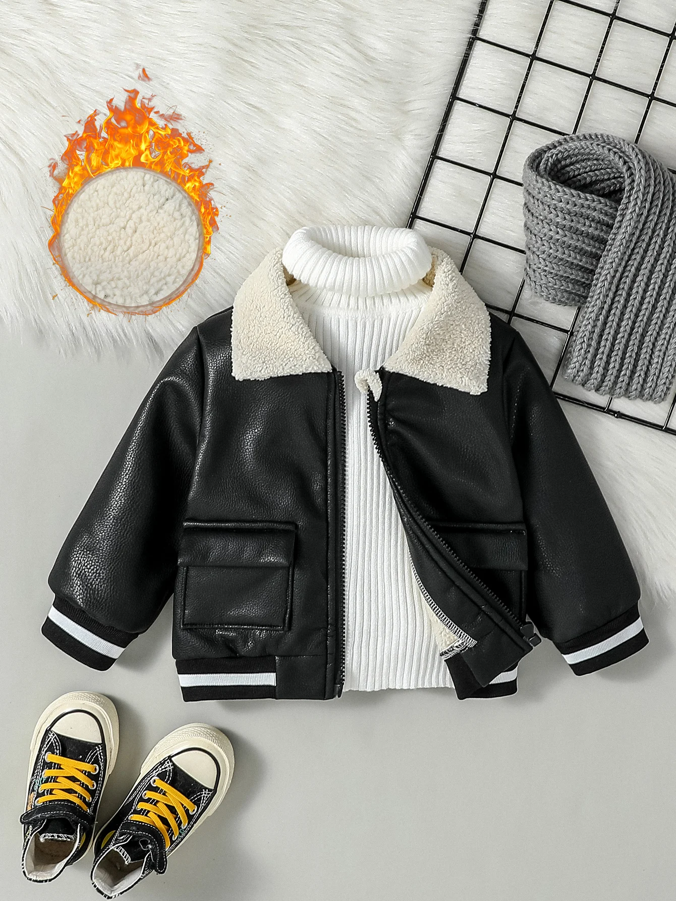 2024 Baby Boys New Outdoor Leisure Windproof Pu Jacket With Pocket Autumn Winter Plus Fleece Thickened Leather Fashion Jacket