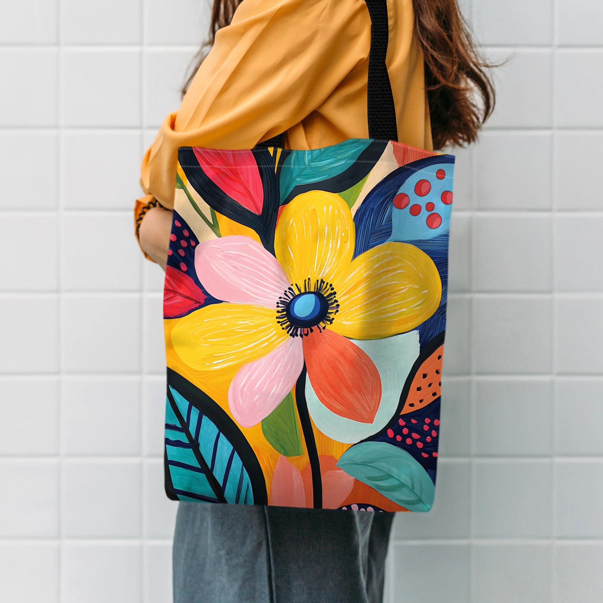 One Pc Floral Tote Bag Vibrant Flower Illustrations Reusable Shopping Bag Rainbow Hearts Tote Handbag Large Shopper Storage Bags