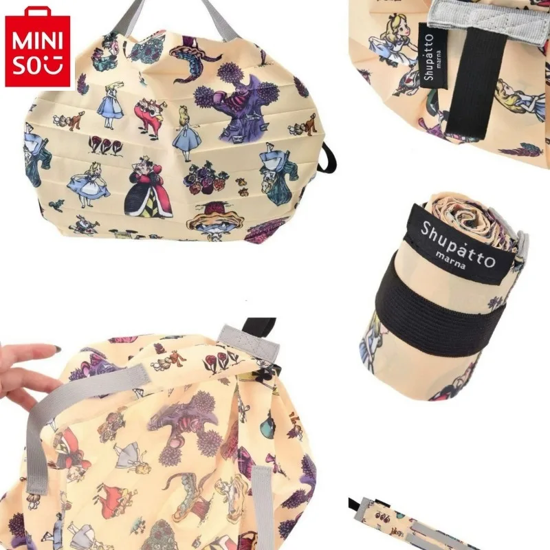 MINISO Disney การ์ตูน Winnie the Pooh Alice กระเป๋าช้อปปิ้งแบบพับได้สําหรับผู้หญิง กระเป๋าเดินทางความจุขนาดใหญ่