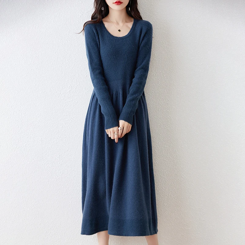 Round Neck Cashmere Dress Women\'s Long Pullover Sweater Autumn And Winter New Knitted Over-The-Knee 100% Pure Wool Skirt