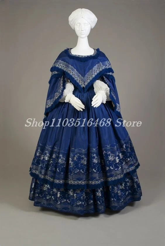 Vestidos de noite vitorianos vintage azuis, Espartilho espartilho, Vestidos bordados xale, Vestido extravagante medieval