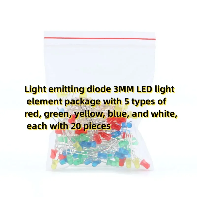 2PCS Light emitting diode 3MM LED light element package with 5 types of red, green, yellow, blue, and white, each with 20 pieces