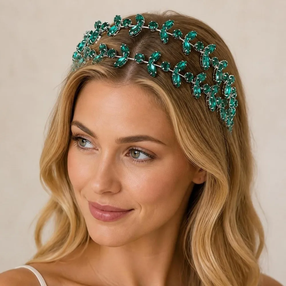 Double Layer Rhinestone Leaf Hairband Luxury Green Leaf Bridal Tiaras Sparkling Elegant Wedding Headdress Birthday Party