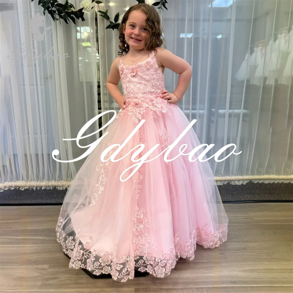

Spaghetti Strap Applique Long A Line Flower Girl Dress Princess Floor Length Elegant Tulle First Communion Dress Customized