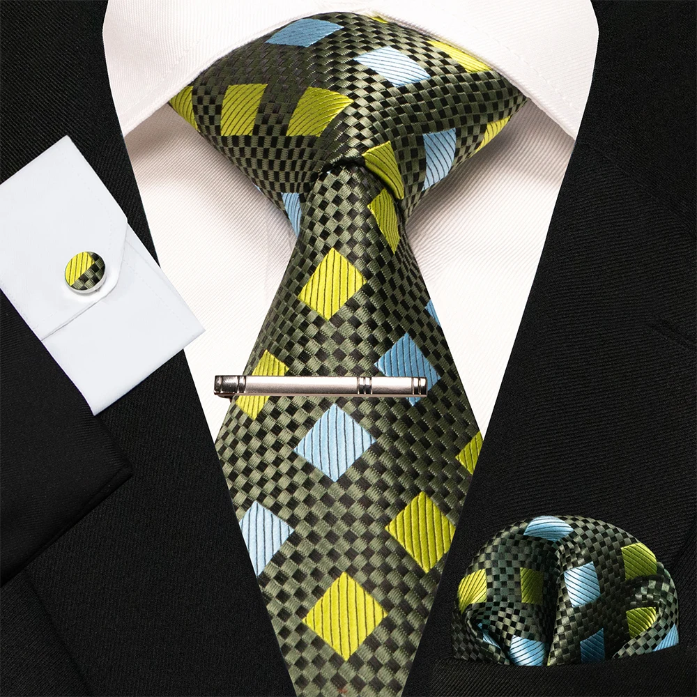 8cm Seidenkrawatten für Herren, grün-schwarze Krawatten, kariert, gestreift, Krawatten-Set mit Einstecktuch, Manschettenknöpfen und Krawattenklammern, für Hochzeit, Business, Party. – Detail 27