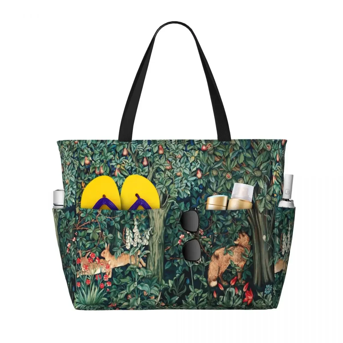 Custom Fox And Hares By William Morris Beach Tote Bag for Women Extra Large Gym Carry On Floral Pattern Travel Shopping Bags