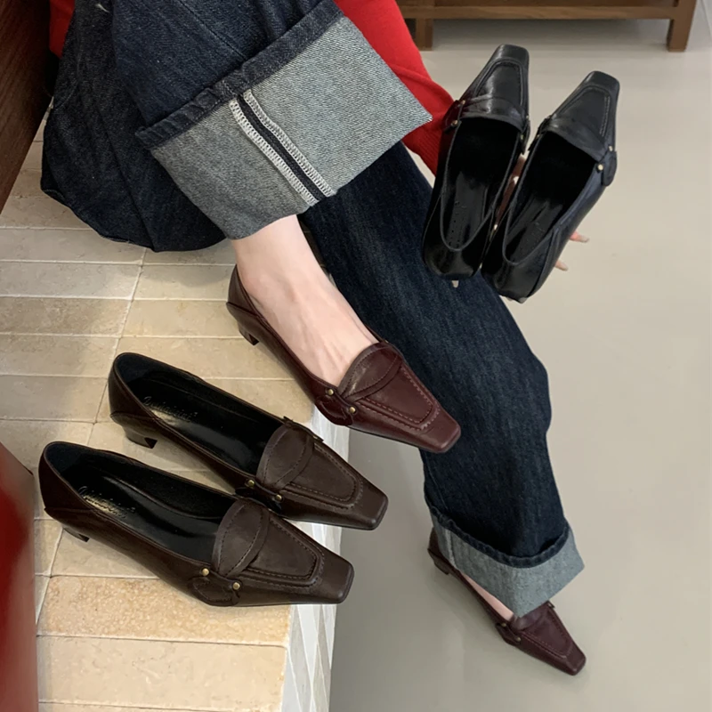 

SUOJIALUN 2025 Autumn New Brand Women Pumps Shoes Fashion Square Low Heel Pumps Shoes Square Toe Slip On Outdoor Dress Boots Sho