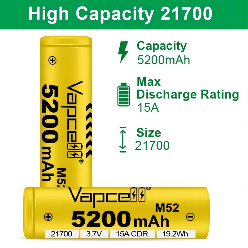 High Capacity 21700 Vapcell INR 21700 battery 5200mah M52 15A  3.7 V 21700 battery 21700  batteries