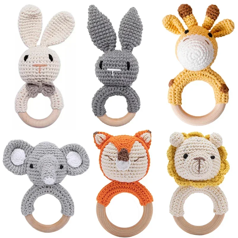 1Pc Baby Rattle Toys Wooden Teether Crochet Pattern Rattle Rabbit Lion Fox BearToy Newborn Gift Baby Teether Crochet Soft ifts