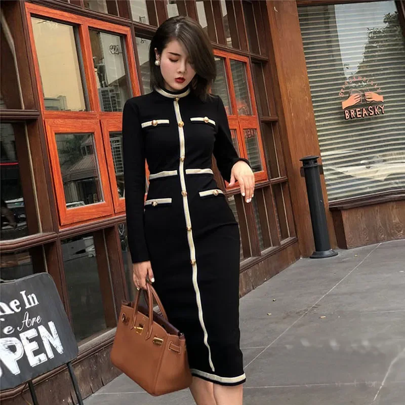 

Korea Autumn Winter New 2024 Women Long Sleeve Zip Bright Silk Screw Thread Spliced Button Thick Fabric Black Slit Bodycon Dress