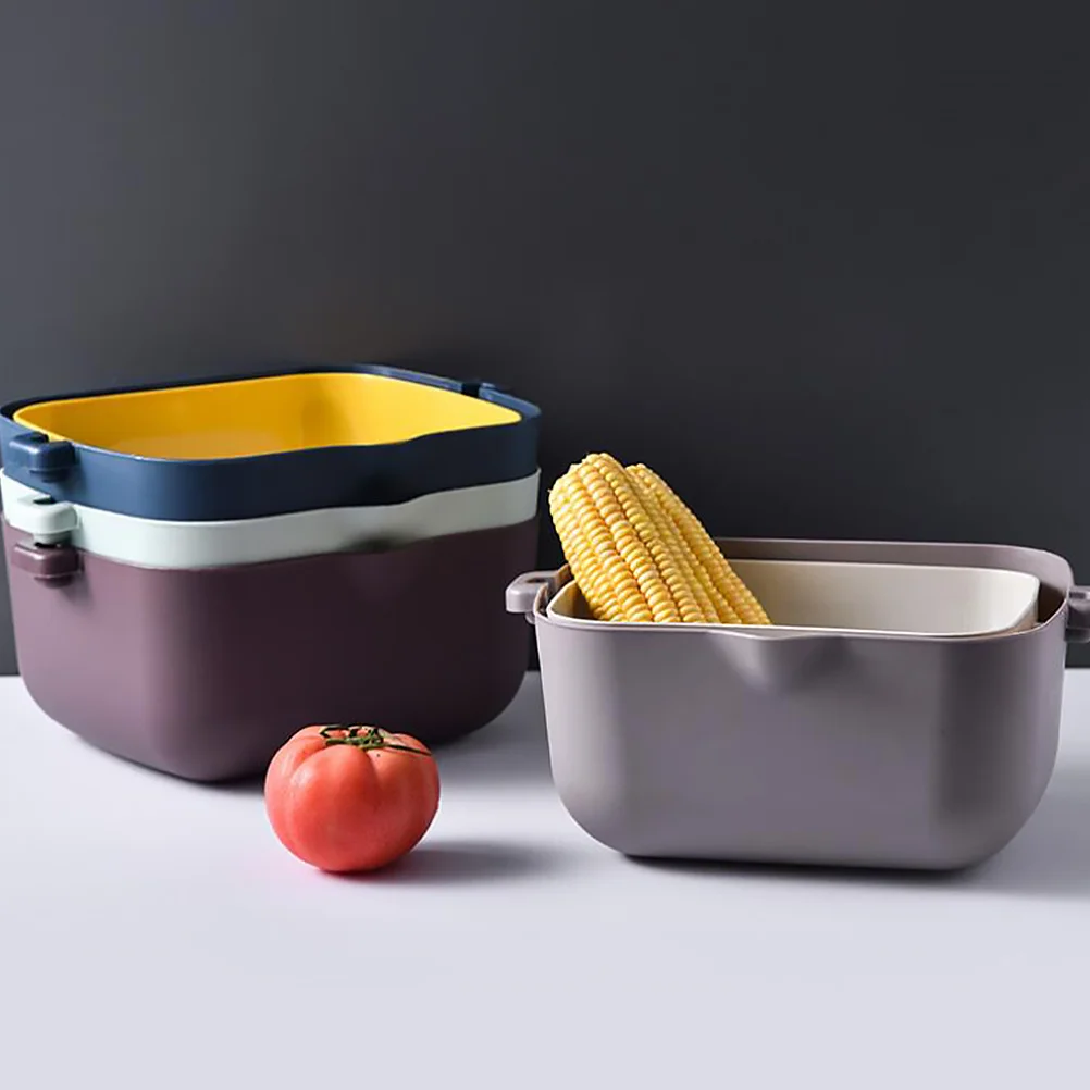 

Fruit Basket Vegetable Washing Basin Drain for Strainer Blue Double-layer Baskets