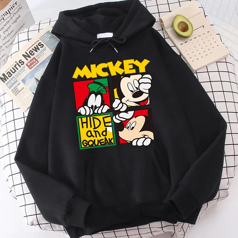 

Mickey Mouse Printed Women's Autumn and Winter Hoodie Plus Fleece Sweater Black Loose Top