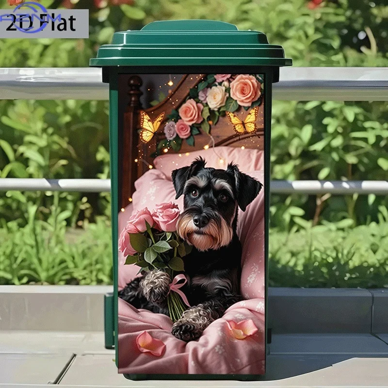 Trash Can Sticker Schnauzer Holding Flowers Theme Design Wall Sticker Decorative Wallpaper Self-Adhesive Kitchen Trash Can De