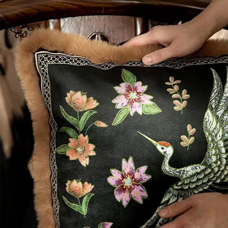 Luxury  retro Black velvet pillowcase sofa flower crane cushion cover for backrest pillow cover
