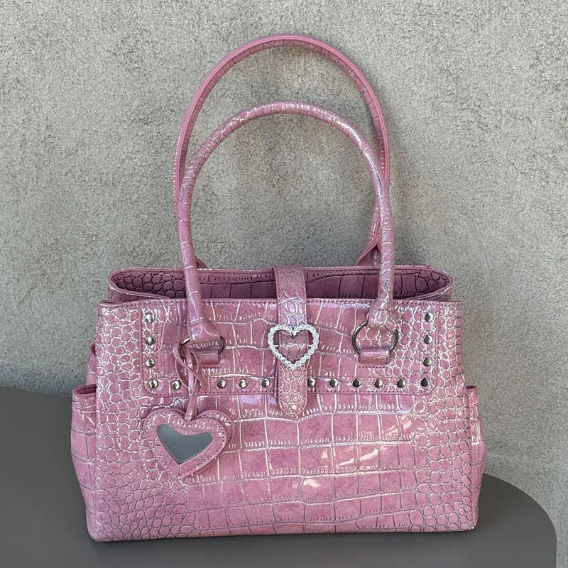 

Korean Y2K Tote Bags For Women Luxury Designer Handbag Purse 2025 New In PU Crocodile Pattern Rivet Top Handle Underarm Shoulder