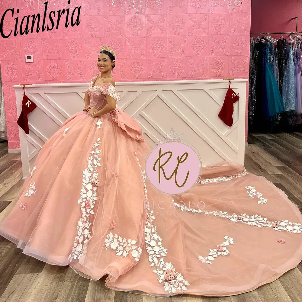 Vestido De baile con lazo De encaje para quinceañera, apliques rosas, hombros descubiertos, corsé De flores 3D, 15 Años