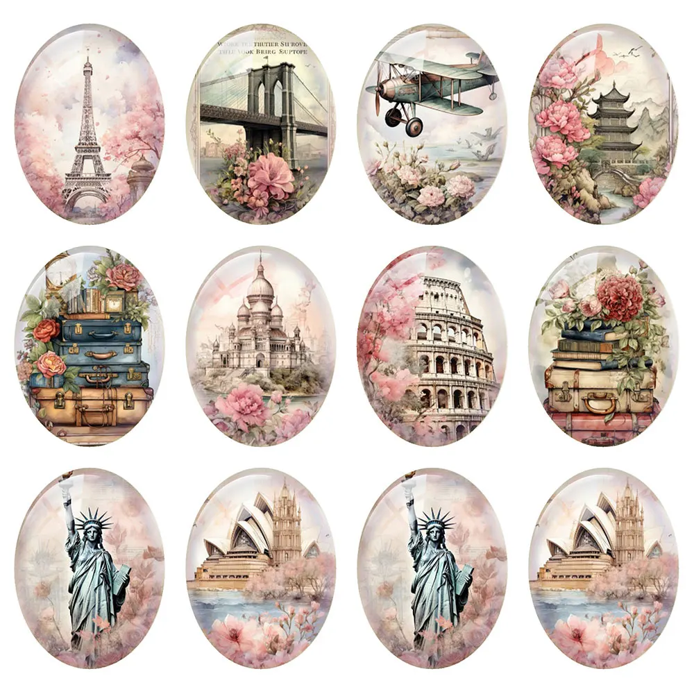 Random Mixed Round/Oval/Square Global Landmark Retro Travel Photo Glass Cabochon Flatback Demo Cameo For Diy Jewelry Making