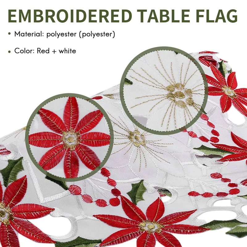 Christmas Embroidered Table Runner, Luxury Holly Poinsettia Table Runner For Christmas Decorations, 15 X 70 Inch