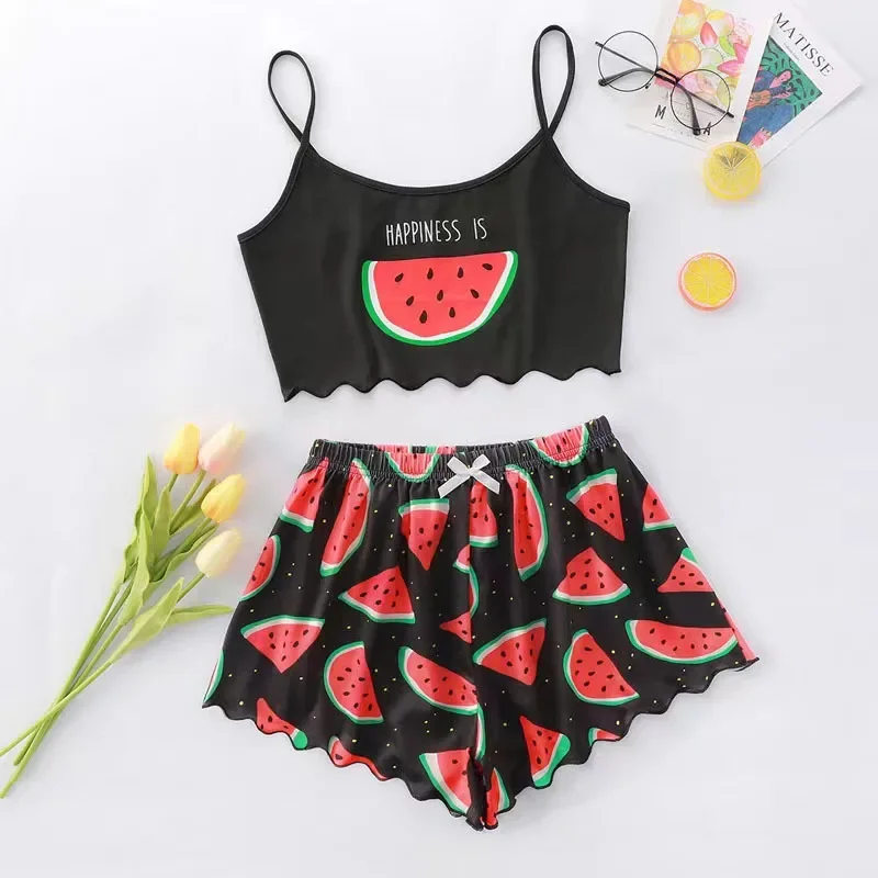 Women\'s Pajamas Set Sleepwear 2 PCS Short Tank Tops And Shorts S M L Black Ventilate Soft Casual Watermelon Printing