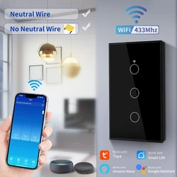 Tuya Smart Wifi Touch Switch Neutral Wire/No Neutral Wire Required US 1/2/3/4 Gang Light Switch For Alexa Google Home Alice