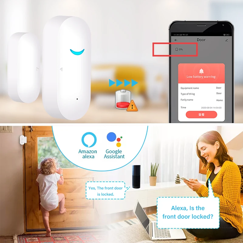 Tuya-Sensor de porta WiFi, sensor de janela, alarme Smart Home Security-Protection, trabalhe com Alexa, Google Home, Smart Life APP Control