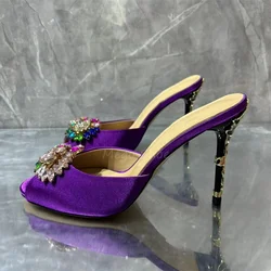 Crystal Stiletto High Heels Purple Velvet Slippers for Women Banquet Shoes Sexy Sandals Shoes Handmade High Quality Big Size 43