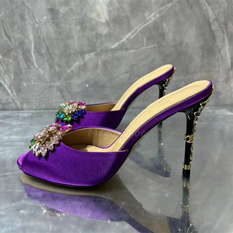 Crystal Stiletto High Heels Purple Velvet Slippers for Women Banquet Shoes Sexy Sandals Shoes Handmade High Quality Big Size 43.