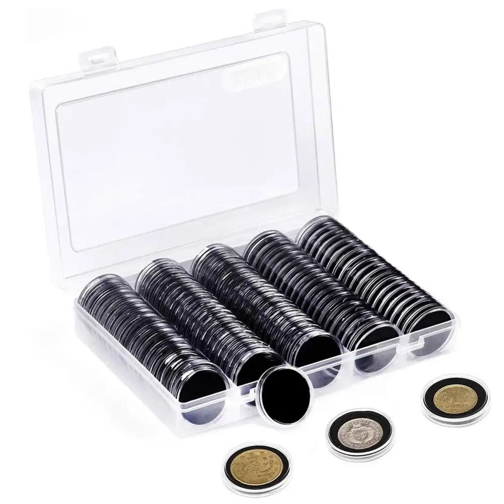 100Pcs Coin Storage Box 17/20/25/27/30mm Gasket Pads Coin Capsule Protect Case Holder Storage Box with Black Inner Cushion