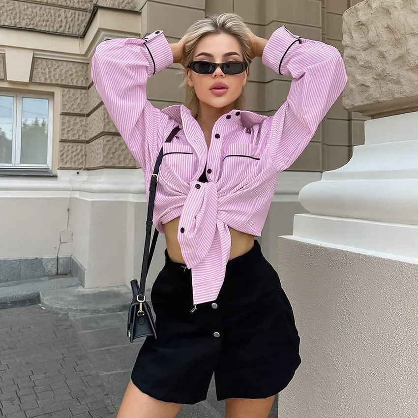 

Contrasting Color French Striped Shirt Women's Spring Simple Fashion Outer With Medium And Long Loose Casual Top Womens Clothing