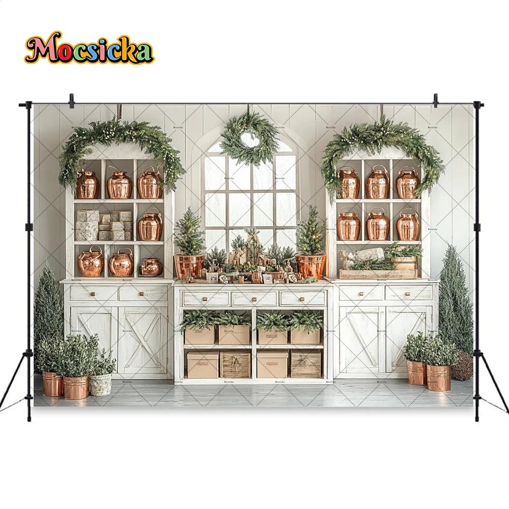 Mocsicka White Christmas Party Background Rustic Kitchen Xmas Tree Garland Backdrop Decor Winter Room Window Photobooths Studio