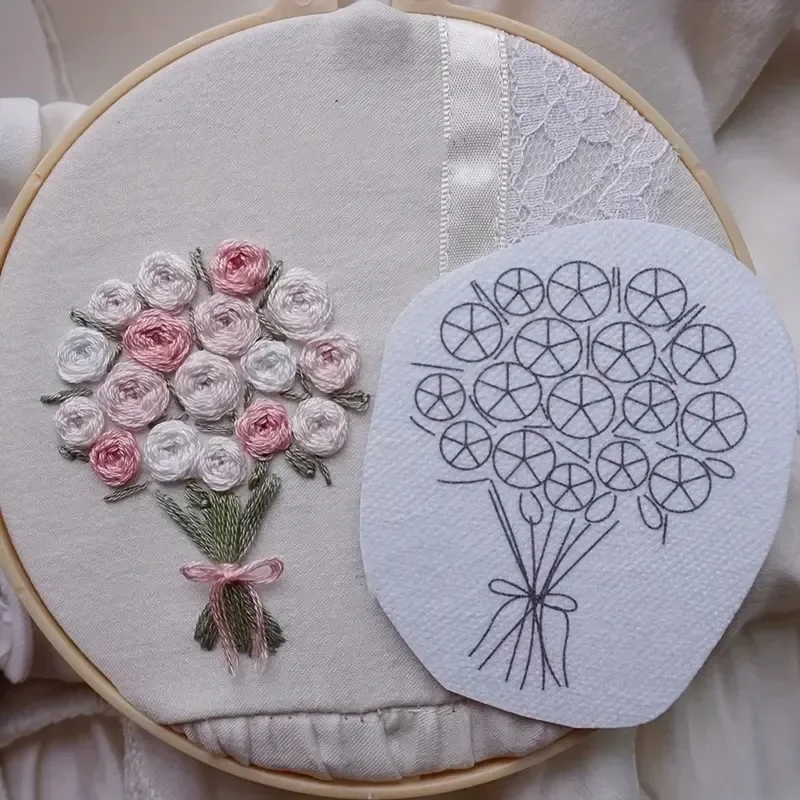 Designs Soluble Stabilizer for Embroidery Adhesive Embroidery Transfer Paper with Pre-Printed Flower Leave for Hand Sewing