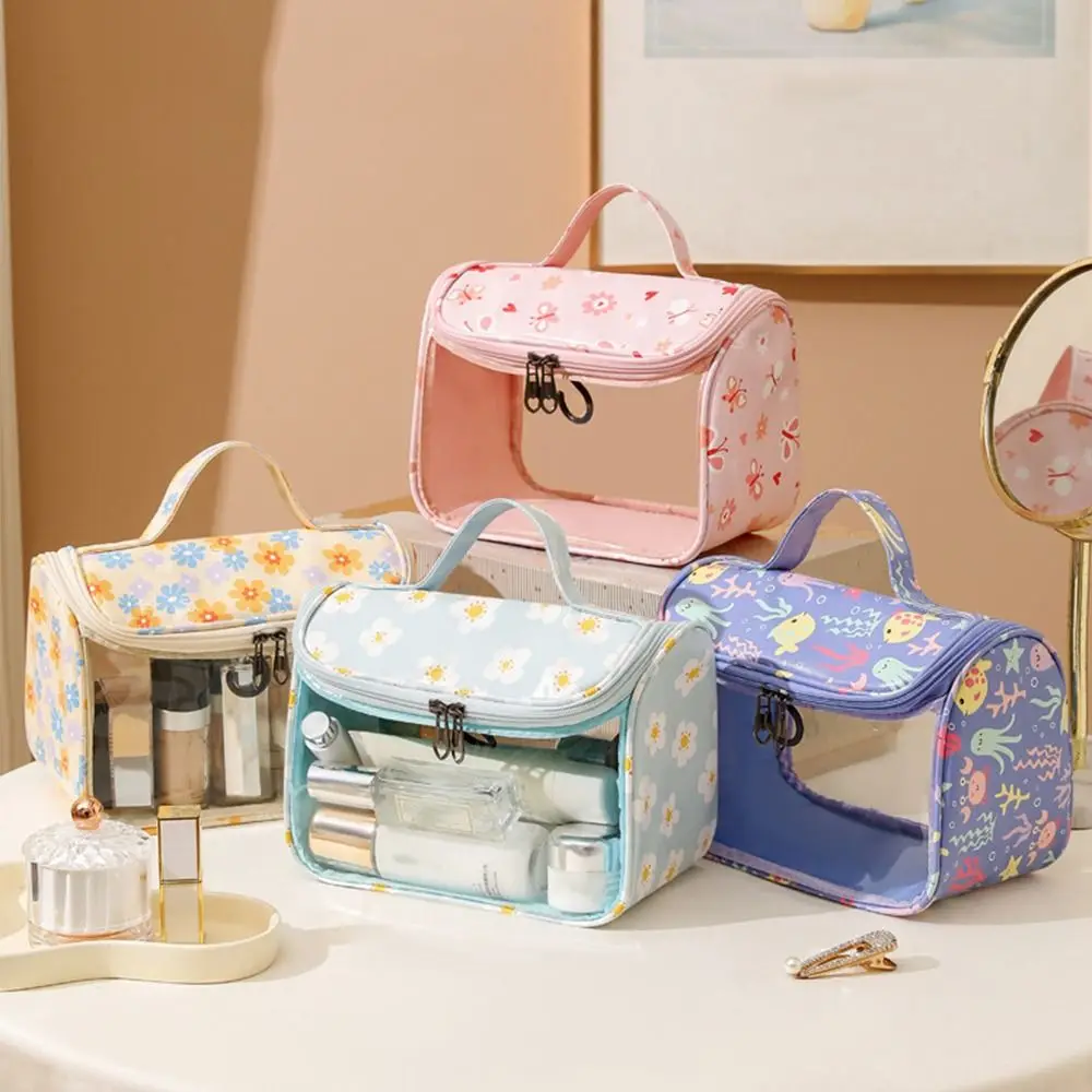 

Portable Women's Cosmetic Bag with Handle Durable Travel Cosmetic Pouch Flower Printed Polyester Toiletry Organizer Wash Handbag